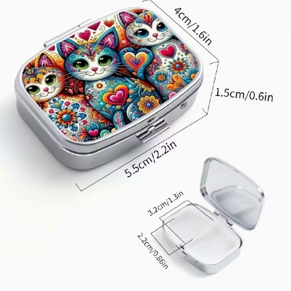Folk Art Cat Animal Inspired Pill Organizer 2-Compartment Compact Pill Case New - Picture 3 of 9